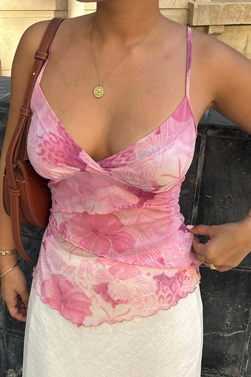 Floral Trim Chiffon Waist Cinched Padded Cami Top