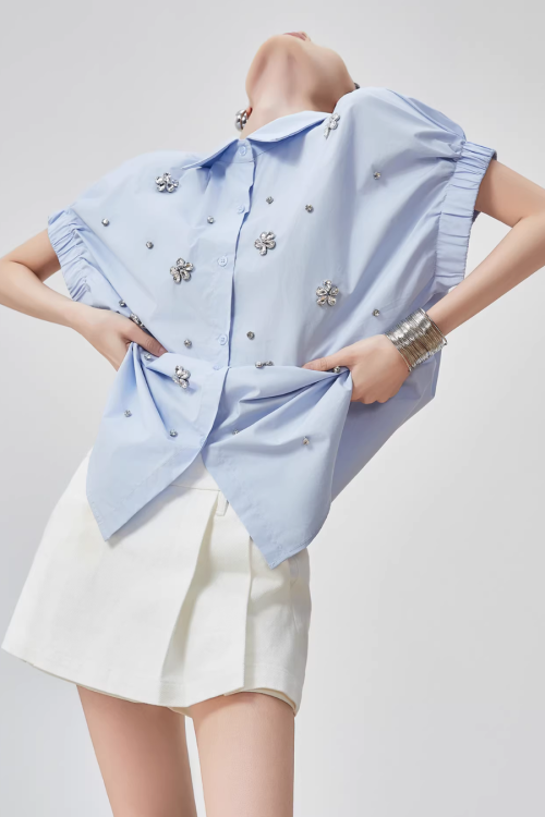 Flower Bijou Puff Sleeve Shirt