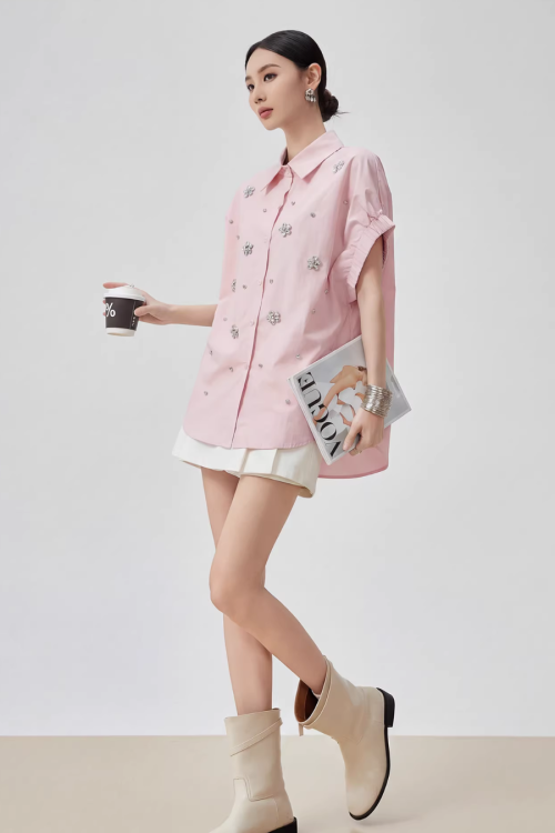 Flower Bijou Puff Sleeve Shirt
