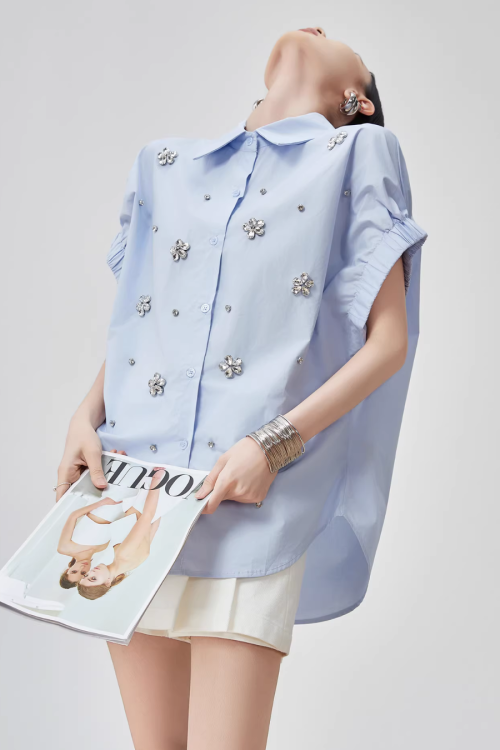 Flower Bijou Puff Sleeve Shirt