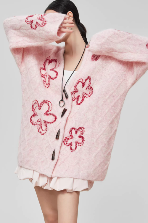 Flower Cable Knit Cardigan