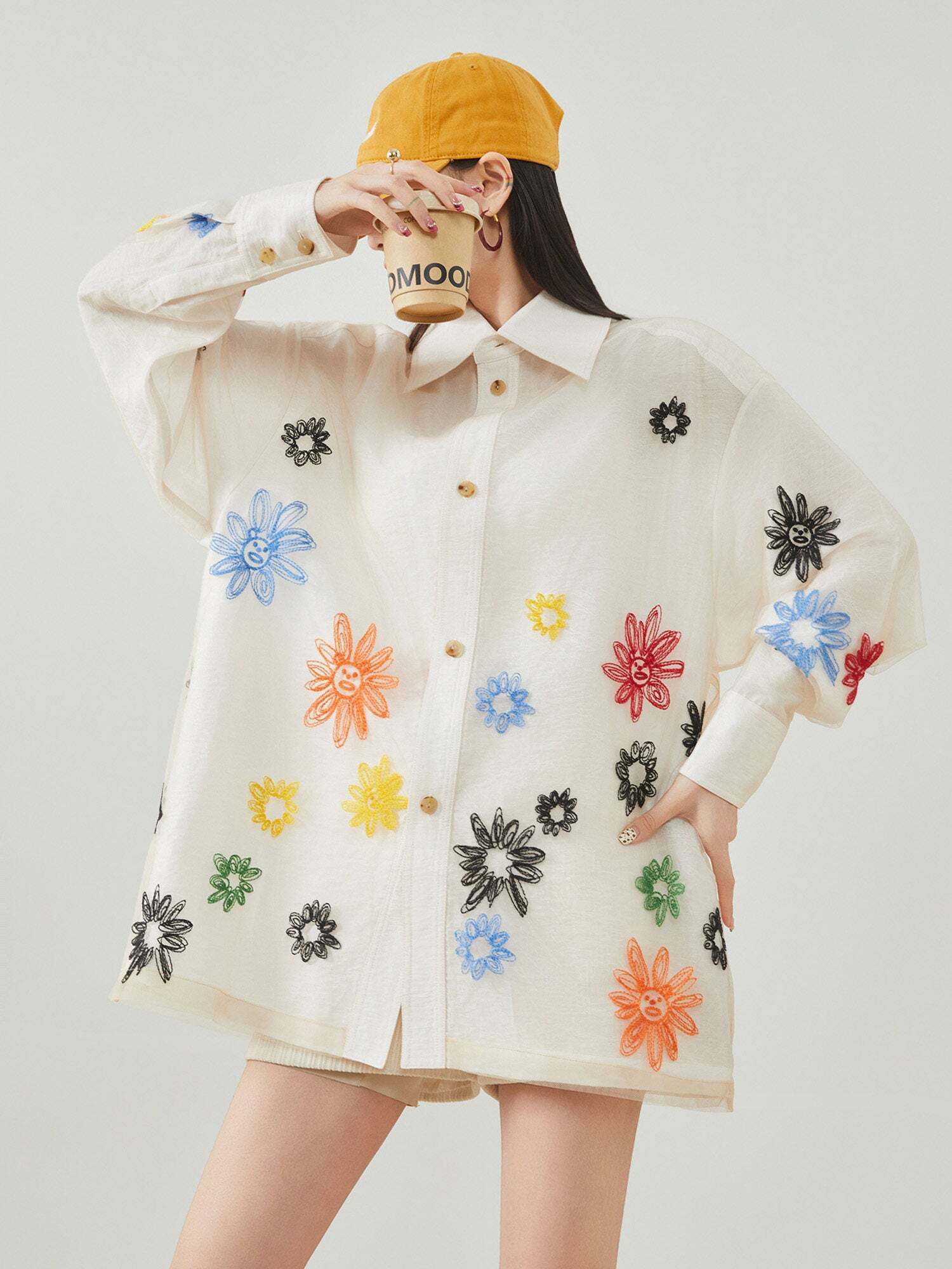 Flower Embroidered Long-Sleeve Shirt
