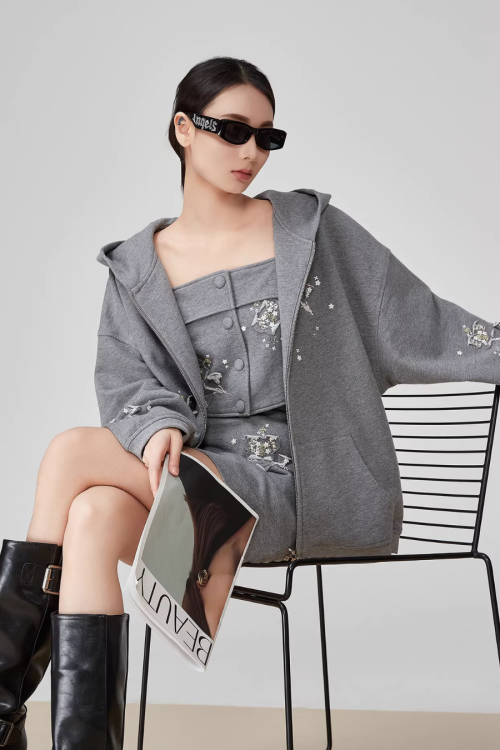 Flower Handmade Zip-Up Hoodie / Camisole / Mini Skirt