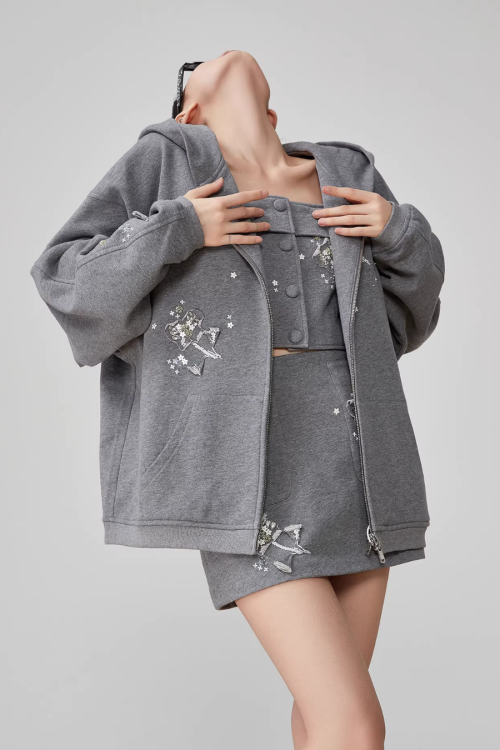 Flower Handmade Zip-Up Hoodie / Camisole / Mini Skirt