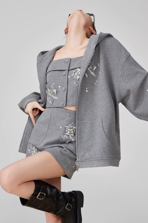 Flower Handmade Zip-Up Hoodie / Camisole / Mini Skirt