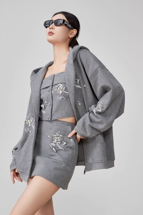 Flower Handmade Zip-Up Hoodie / Camisole / Mini Skirt