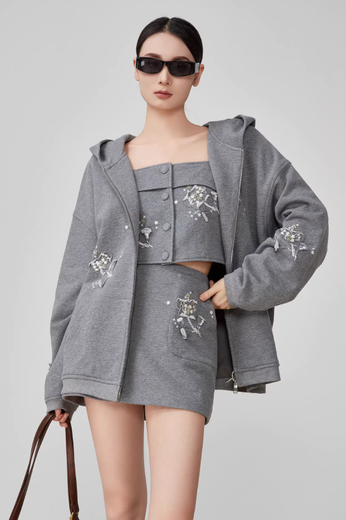 Flower Handmade Zip-Up Hoodie / Camisole / Mini Skirt