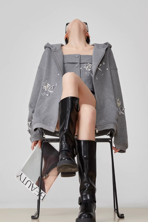 Flower Handmade Zip-Up Hoodie / Camisole / Mini Skirt