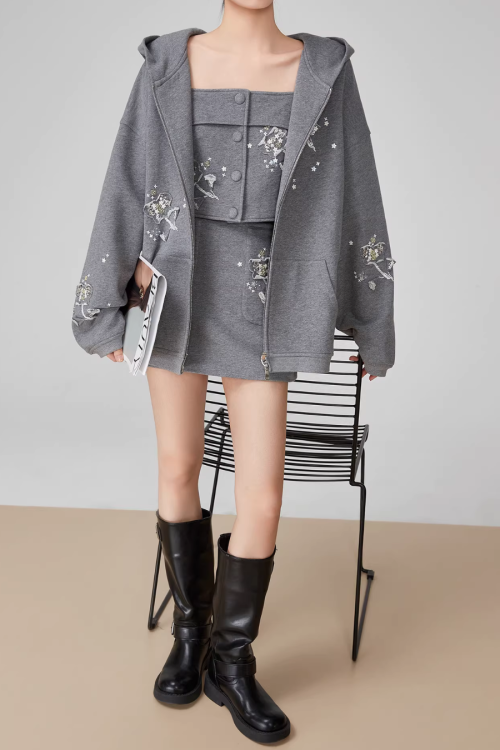 Flower Handmade Zip-Up Hoodie / Camisole / Mini Skirt