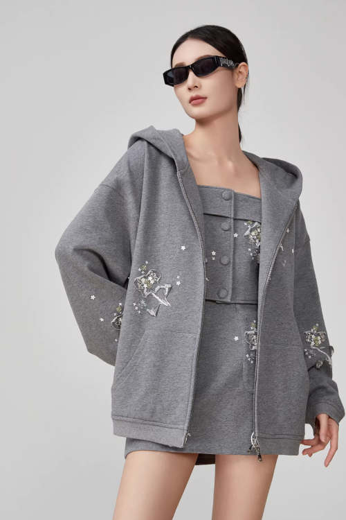 Flower Handmade Zip-Up Hoodie / Camisole / Mini Skirt