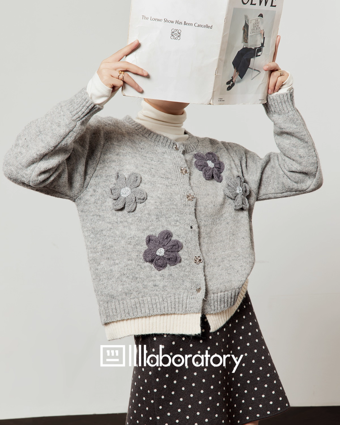 Flower Motif Knit Cardigan / Polka Dot Mini Skirt Flower Motif Knit Cardigan / Polka Dot Mini Skirt