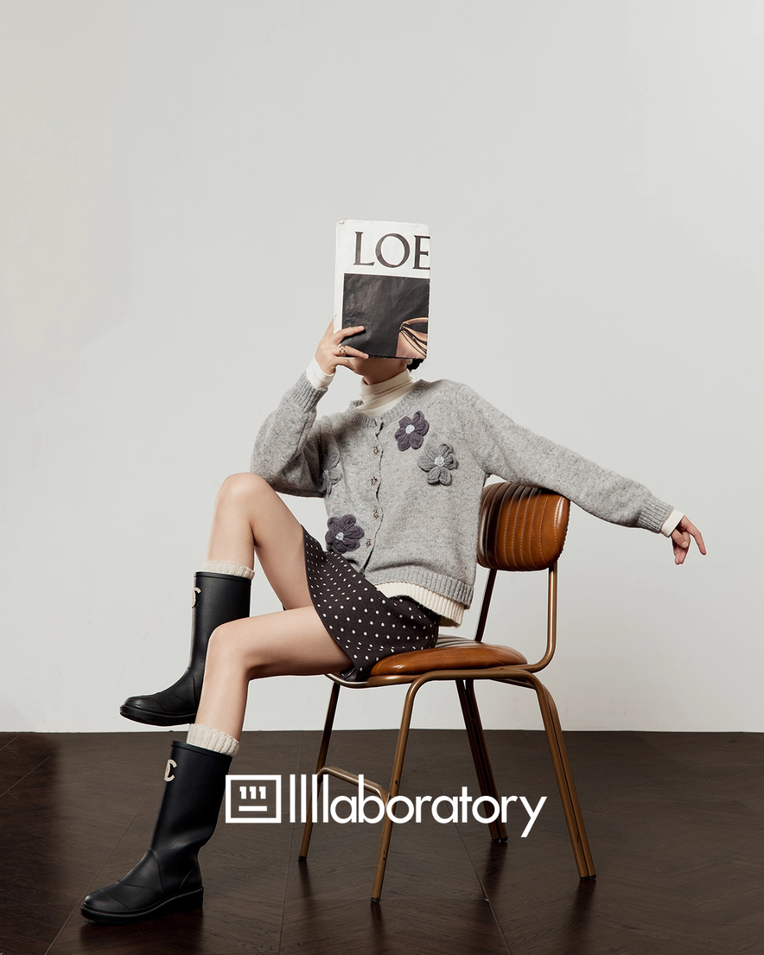 Flower Motif Knit Cardigan / Polka Dot Mini Skirt Flower Motif Knit Cardigan / Polka Dot Mini Skirt