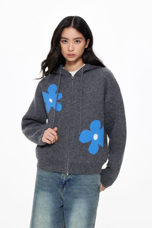 Flower Motif Knit Zip
