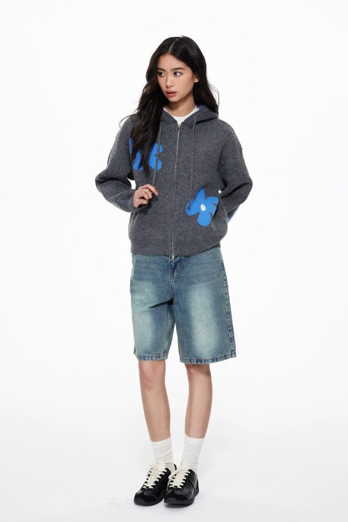 Flower Motif Knit Zip