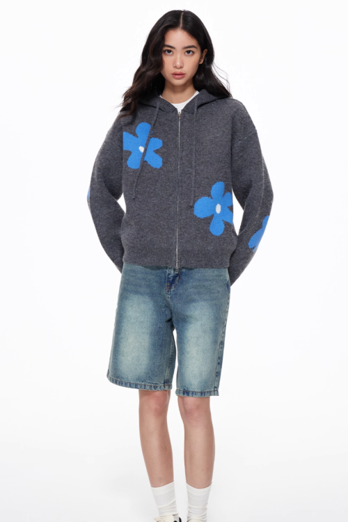 Flower Motif Knit Zip