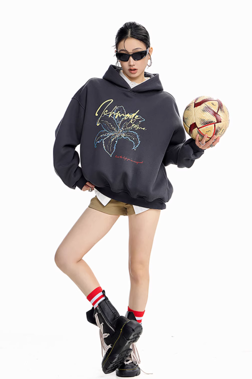 Flower Motif Loose Hoodie