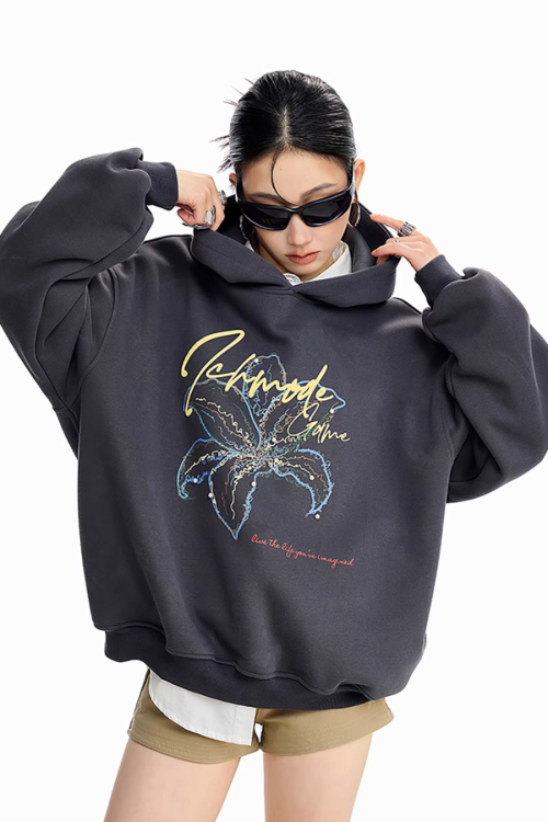 Flower Motif Loose Hoodie
