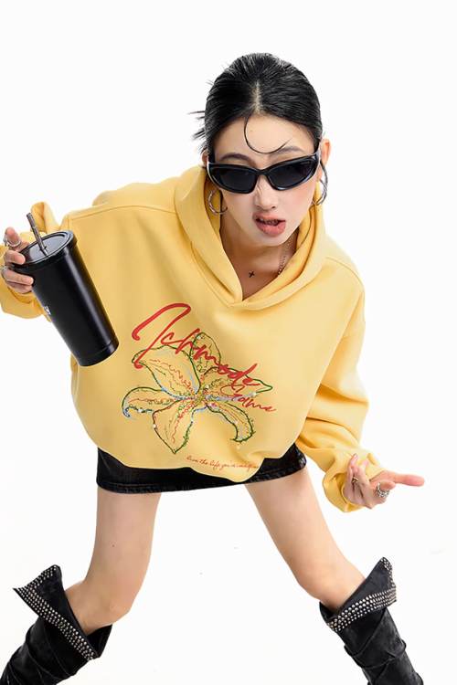 Flower Motif Loose Hoodie