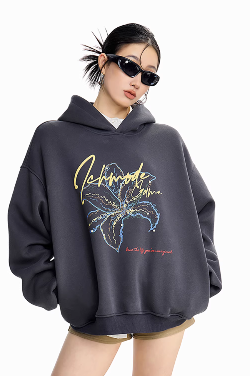 Flower Motif Loose Hoodie
