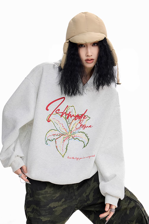 Flower Motif Loose Hoodie