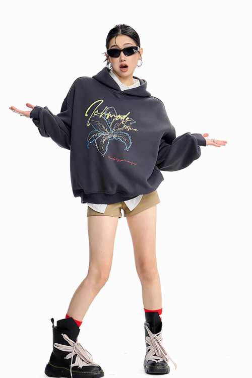 Flower Motif Loose Hoodie
