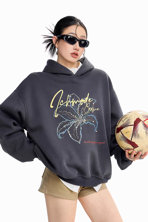Flower Motif Loose Hoodie