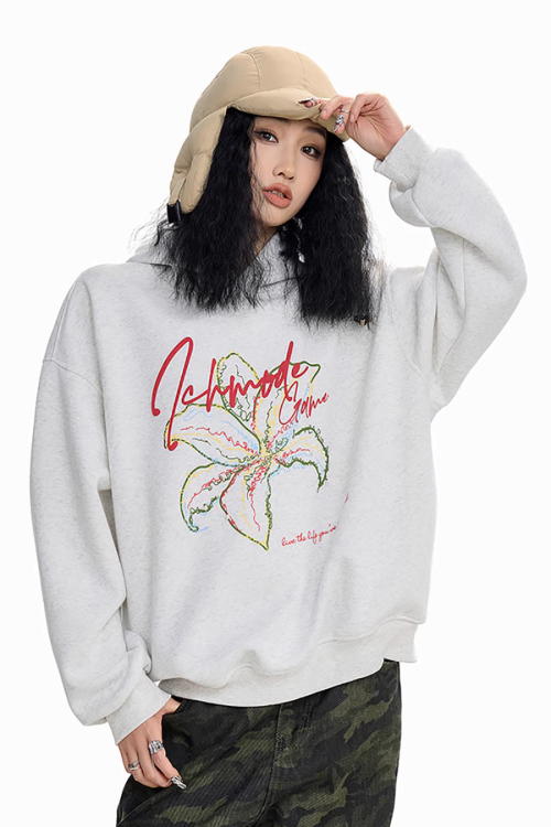 Flower Motif Loose Hoodie