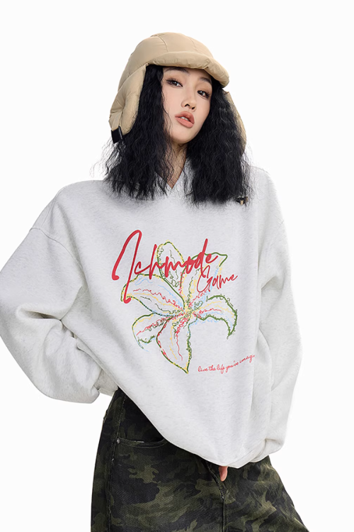 Flower Motif Loose Hoodie