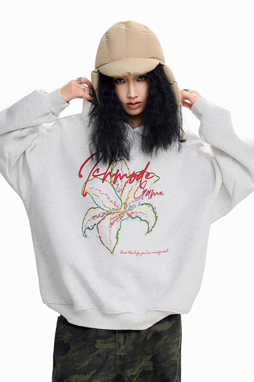Flower Motif Loose Hoodie