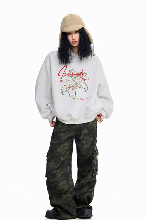 Flower Motif Loose Hoodie