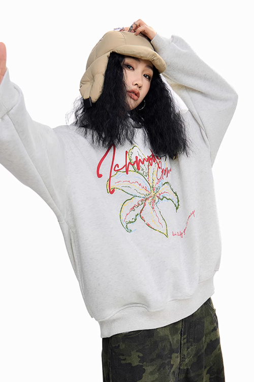 Flower Motif Loose Hoodie