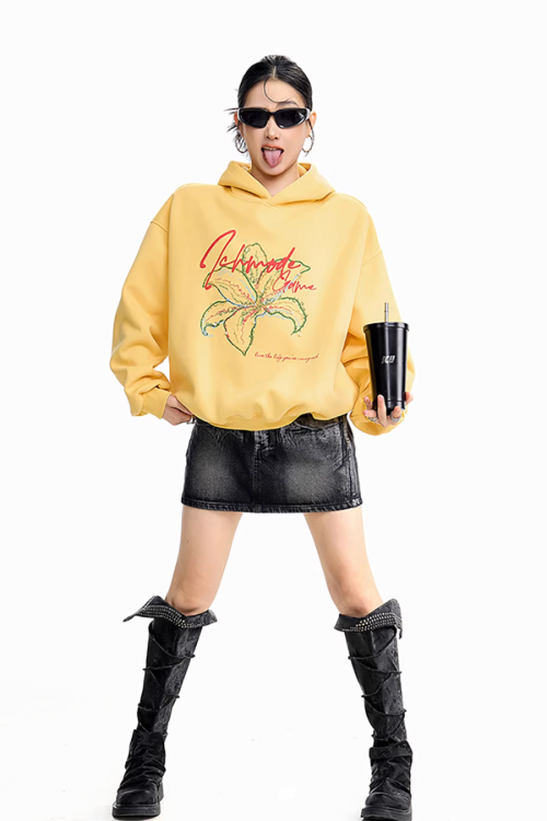 Flower Motif Loose Hoodie