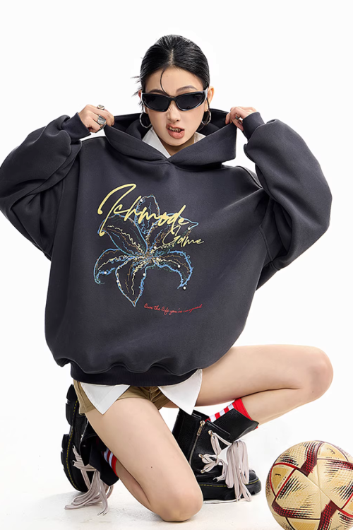 Flower Motif Loose Hoodie