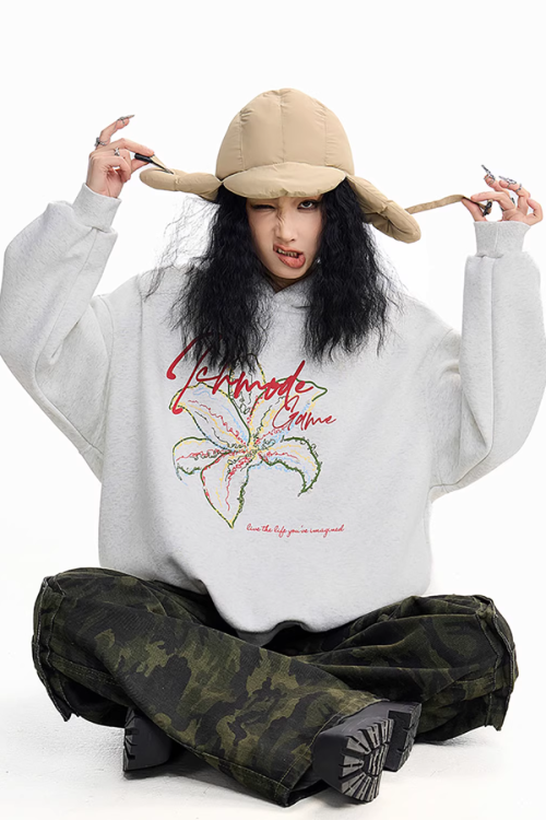 Flower Motif Loose Hoodie