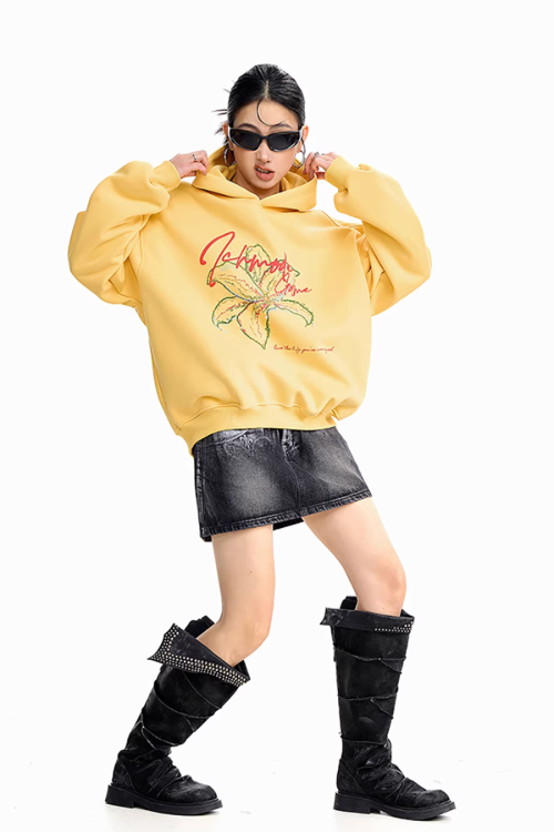 Flower Motif Loose Hoodie