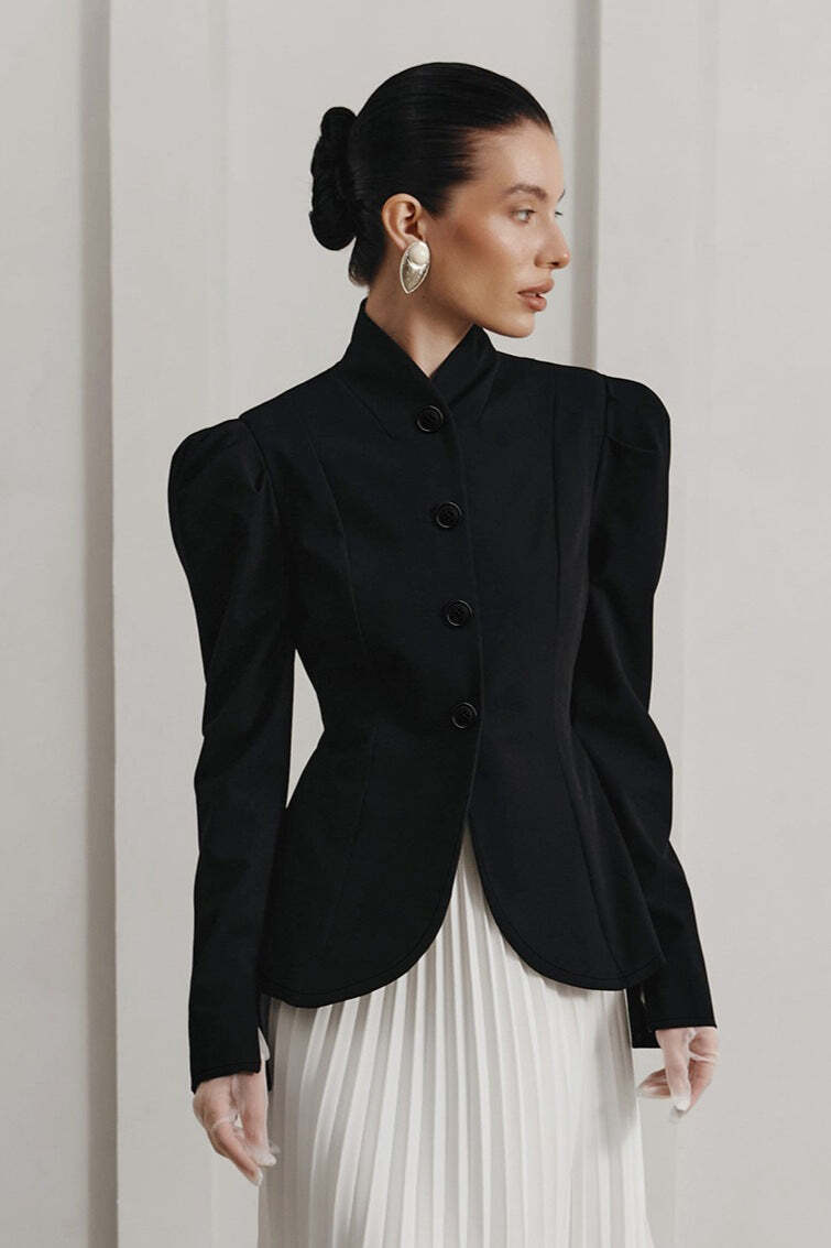 French Elegant Stand Collar Puff Sleeve Blazer