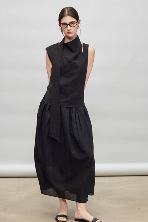 French Ribbon Sleeveless Top / Irregular Tulip Hem Skirt