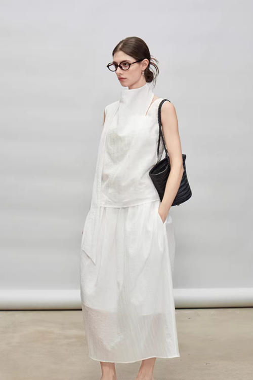 French Ribbon Sleeveless Top / Irregular Tulip Hem Skirt