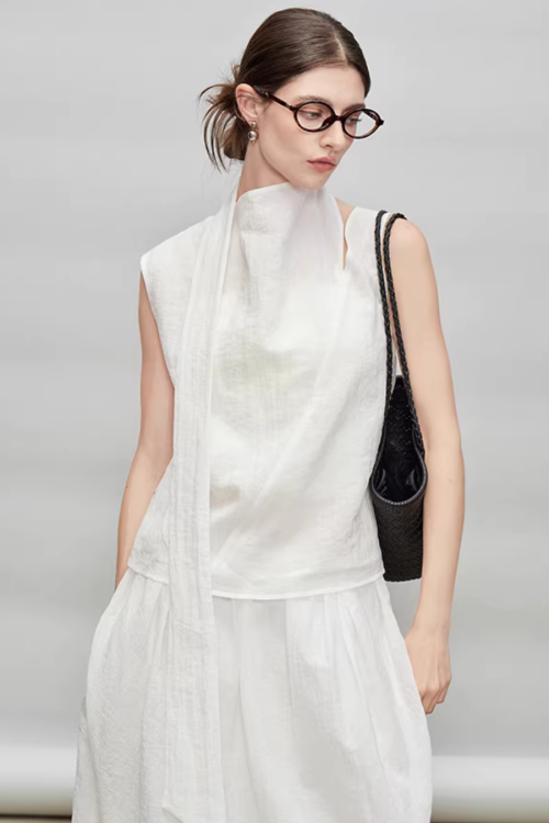 French Ribbon Sleeveless Top / Irregular Tulip Hem Skirt