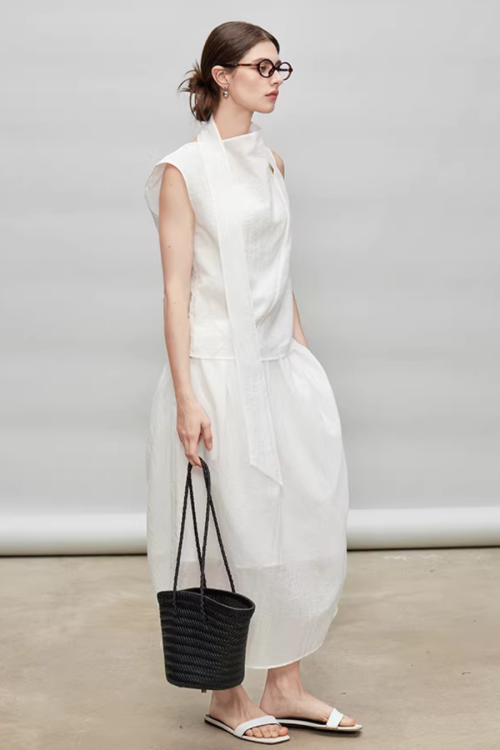 French Ribbon Sleeveless Top / Irregular Tulip Hem Skirt