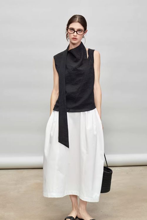 French Ribbon Sleeveless Top / Irregular Tulip Hem Skirt