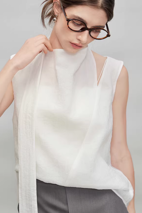 French Ribbon Sleeveless Top / Irregular Tulip Hem Skirt