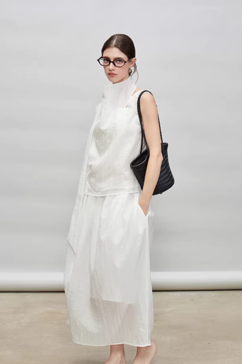 French Ribbon Sleeveless Top / Irregular Tulip Hem Skirt