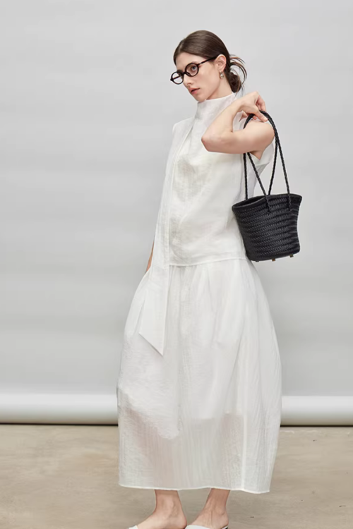 French Ribbon Sleeveless Top / Irregular Tulip Hem Skirt