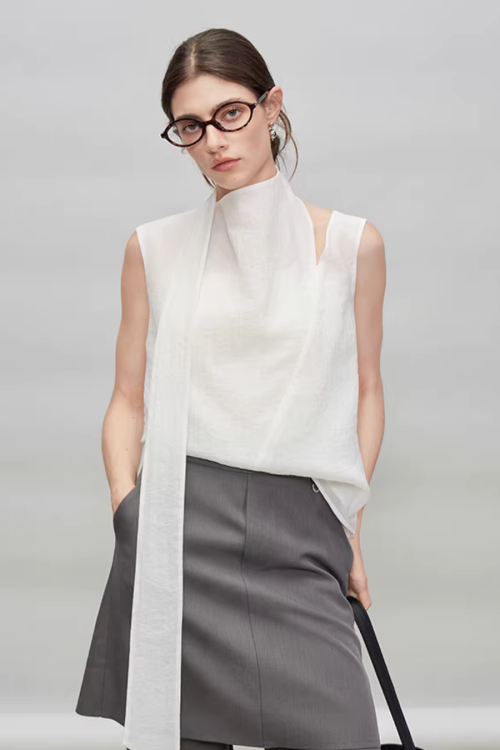 French Ribbon Sleeveless Top / Irregular Tulip Hem Skirt