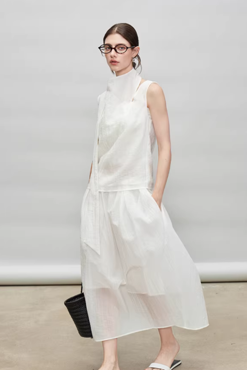 French Ribbon Sleeveless Top / Irregular Tulip Hem Skirt