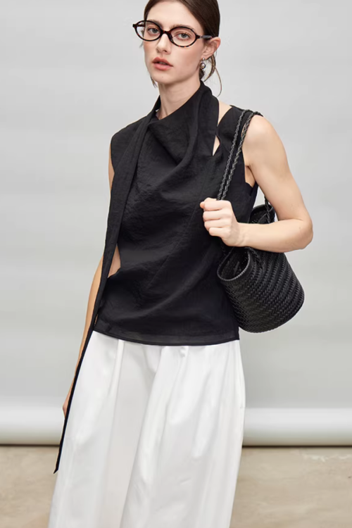 French Ribbon Sleeveless Top / Irregular Tulip Hem Skirt