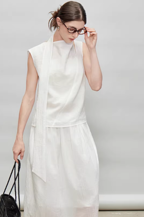 French Ribbon Sleeveless Top / Irregular Tulip Hem Skirt