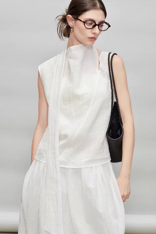 French Ribbon Sleeveless Top / Irregular Tulip Hem Skirt