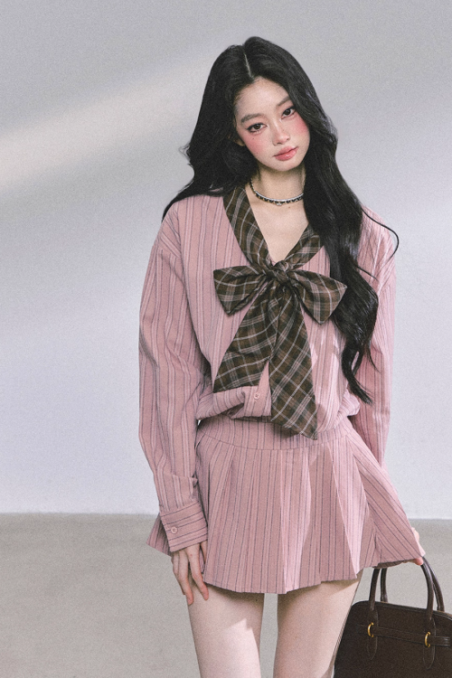 French Stripe Long-Sleeve Shirt Dress